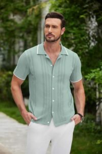 COOFANDY Men's Knit Button Down Shirt Vintage Short Sleeve Polo Shirts Casual Beach Tops - Image 2