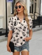 IECCP Womens Tops Puff Short Sleeve Shirts Dressy Casual Henley V-Neck Summer Tops Pleated T-Shirts Loose Fit Tunic Blouses - Image 4