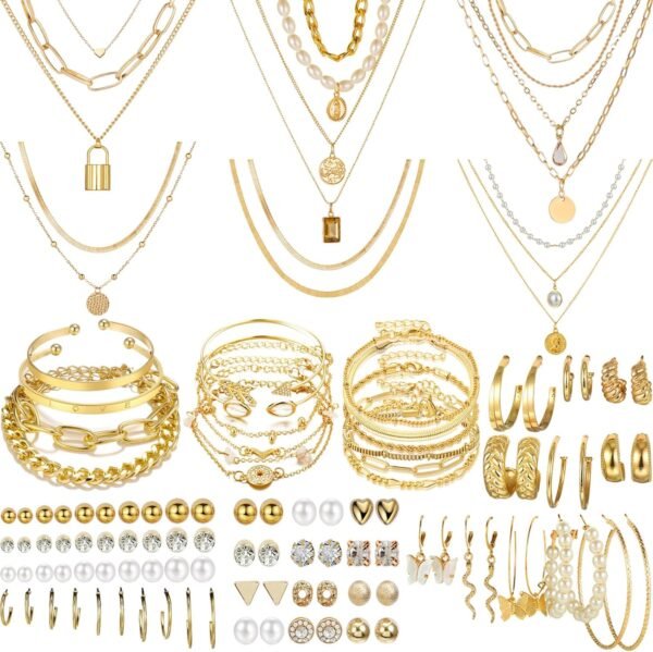 NEWITIN 69 Pieces Gold Jewelry Set for Women Fashion Costume Jewelry Gold Plated Necklace Bracelet Earrings Set for Women - Image 1
