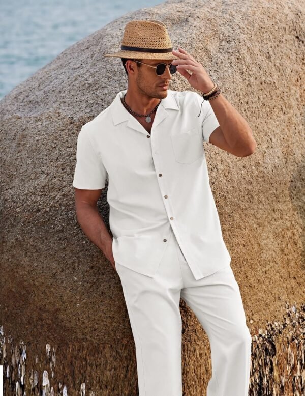 COOFANDY Men 2 Piece Linen Outfit Beach Button Down Shirt Casual Loose Pant Sets - Image 2
