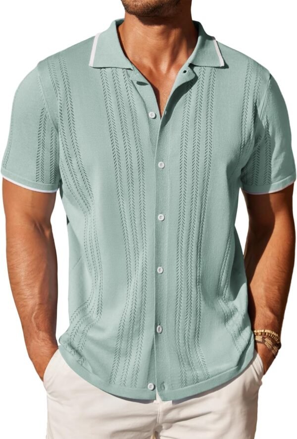 COOFANDY Men's Knit Button Down Shirt Vintage Short Sleeve Polo Shirts Casual Beach Tops - Image 1