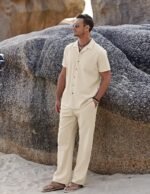 COOFANDY Men 2 Piece Linen Outfit Beach Button Down Shirt Casual Loose Pant Sets - Image 4
