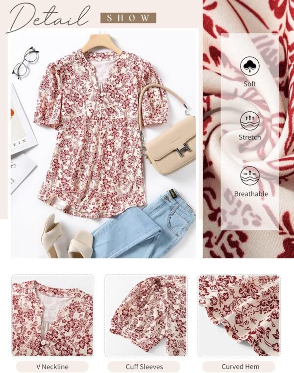 IECCP Womens Tops Puff Short Sleeve Shirts Dressy Casual Henley V-Neck Summer Tops Pleated T-Shirts Loose Fit Tunic Blouses - Image 5