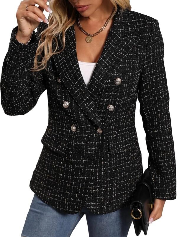 2025 Fall Winter Women's Tweed Blazer Jacket-Plaid Fully Lined Fashion Business Casual Lapel Elegant Coat Pockets - Image 3