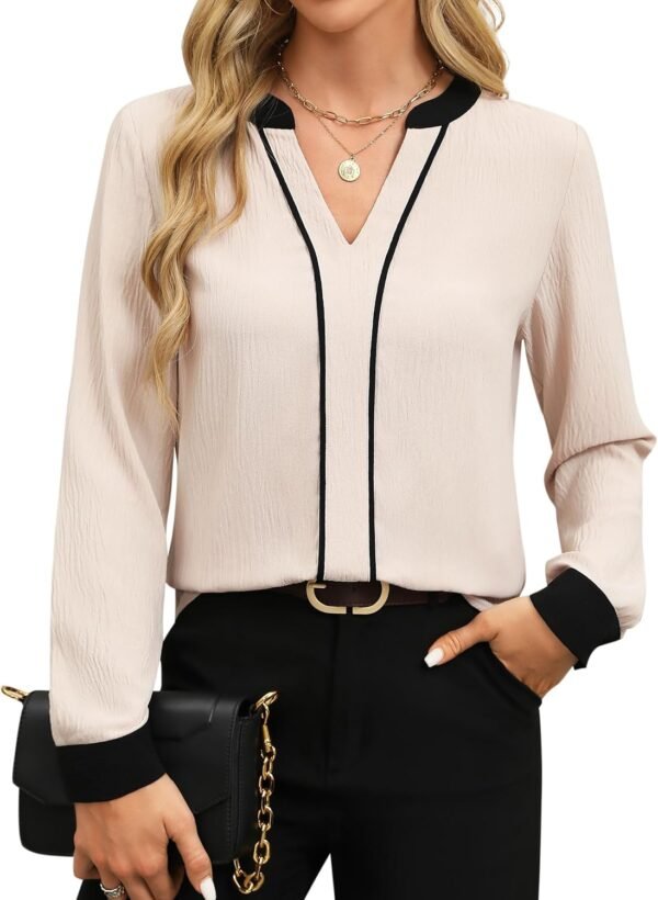 Fayenne Womens Tops Dressy Casual V Neck Color Block Business Casual Blouses Long Sleeve Work Shirts Fall Trendy Clothes - Image 1