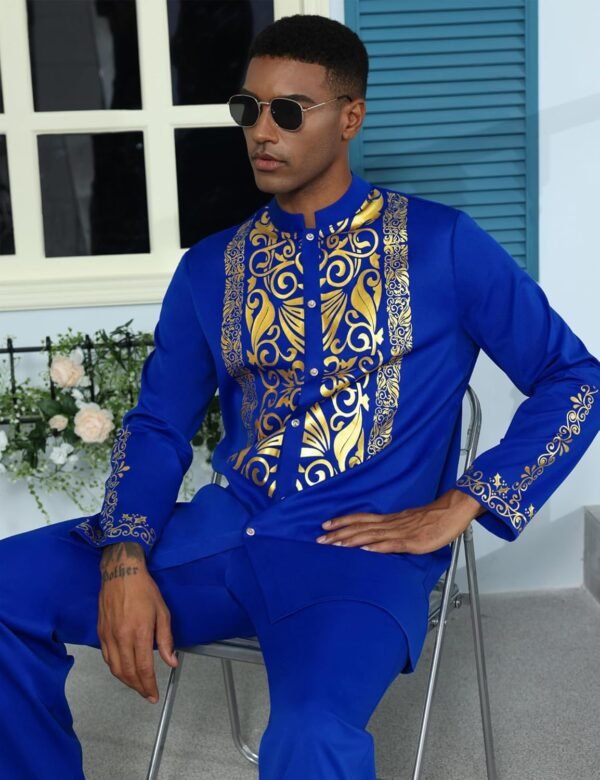 Mens African 2 Piece Sets Dashiki Metallic Traditional Suit Gold Stamp Printed Shirt and Pants Outfit - Image 3