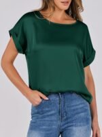ANRABESS Women's Summer Dressy Casual Short Sleeve Shirts Crewneck Silk Satin Business Office Work Blouse Tops - Image 6