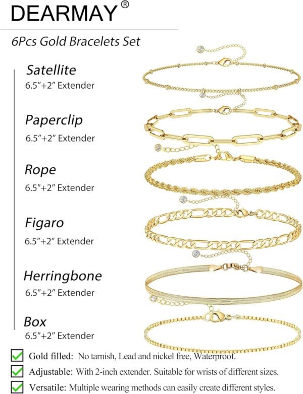 DEARMAY Gold Bracelets for Women Waterproof, 14K Real Gold Jewelry Sets Trendy Thin Dainty Stackable Cuban Link Paperclip Chain Bracelet Pack Fashion Accessories Gifts for Womens - Image 5