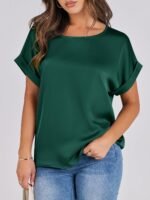 ANRABESS Women's Summer Dressy Casual Short Sleeve Shirts Crewneck Silk Satin Business Office Work Blouse Tops - Image 2