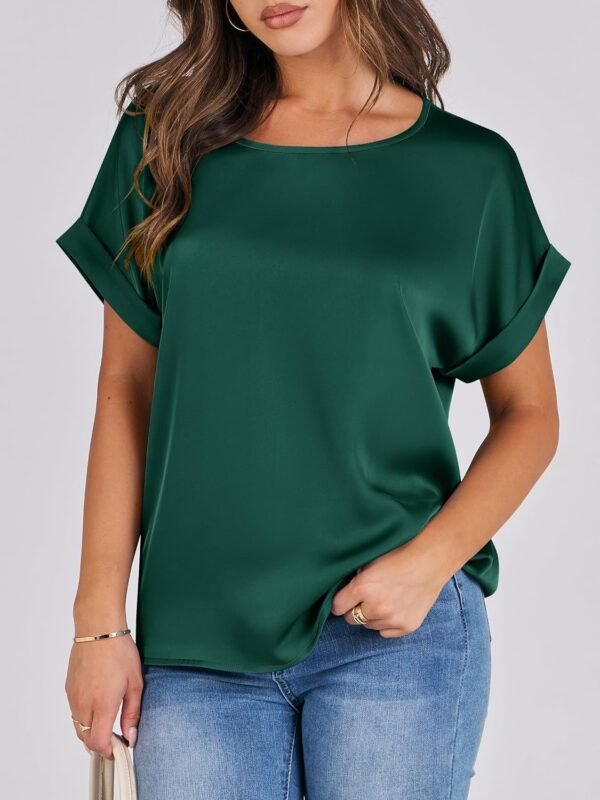 ANRABESS Women's Summer Dressy Casual Short Sleeve Shirts Crewneck Silk Satin Business Office Work Blouse Tops - Image 2