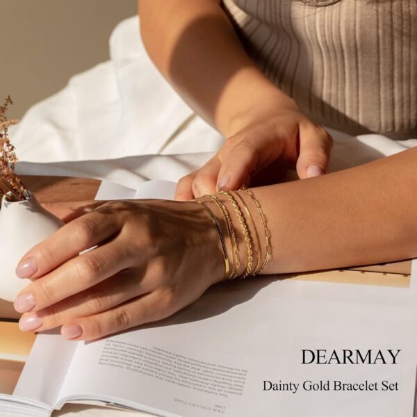 DEARMAY Gold Bracelets for Women Waterproof, 14K Real Gold Jewelry Sets Trendy Thin Dainty Stackable Cuban Link Paperclip Chain Bracelet Pack Fashion Accessories Gifts for Womens - Image 3