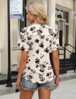 IECCP Womens Tops Puff Short Sleeve Shirts Dressy Casual Henley V-Neck Summer Tops Pleated T-Shirts Loose Fit Tunic Blouses - Image 3