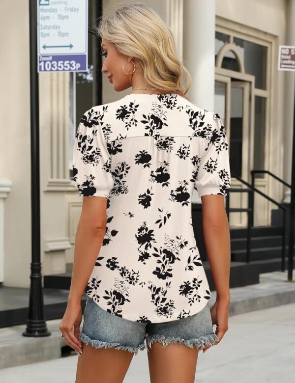 IECCP Womens Tops Puff Short Sleeve Shirts Dressy Casual Henley V-Neck Summer Tops Pleated T-Shirts Loose Fit Tunic Blouses - Image 3