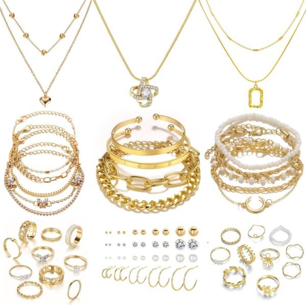 IFKM 36 PC Gold Plated Jewelry Set with 4 Necklace, 11 Bracelet, 7 Ear Cuffs Earring, 14 Knuckle Rings for Women Girls Valentine Anniversary Birthday Friendship Gift - Image 1