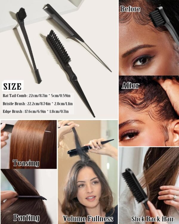 Slick Back Hair Brush Set: Hair Wax, Edge Brush, Rat Tail Comb, Bristle Brush, Hair Bun Accessories, Smoothing Brush for Women & Kids - Image 6