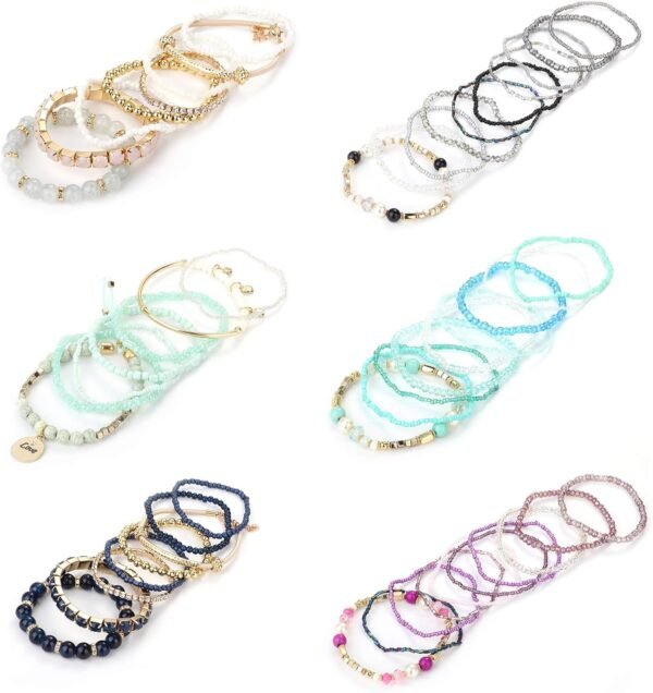LOYALLOOK 6 Sets Bohemian Stackable Bead Bracelets for Women Stretch Bohemian Style Stretch Multilayered Boho Bracelet Set - Image 5