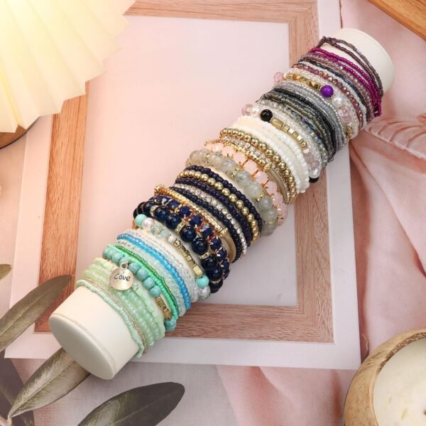 LOYALLOOK 6 Sets Bohemian Stackable Bead Bracelets for Women Stretch Bohemian Style Stretch Multilayered Boho Bracelet Set - Image 6