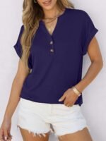 ANRABESS Womens Short Sleeve Henley Tops V Neck Dressy Casual Loose Fit Shirts Summer Flowy Blouses 2025 Trendy Clothes - Image 4