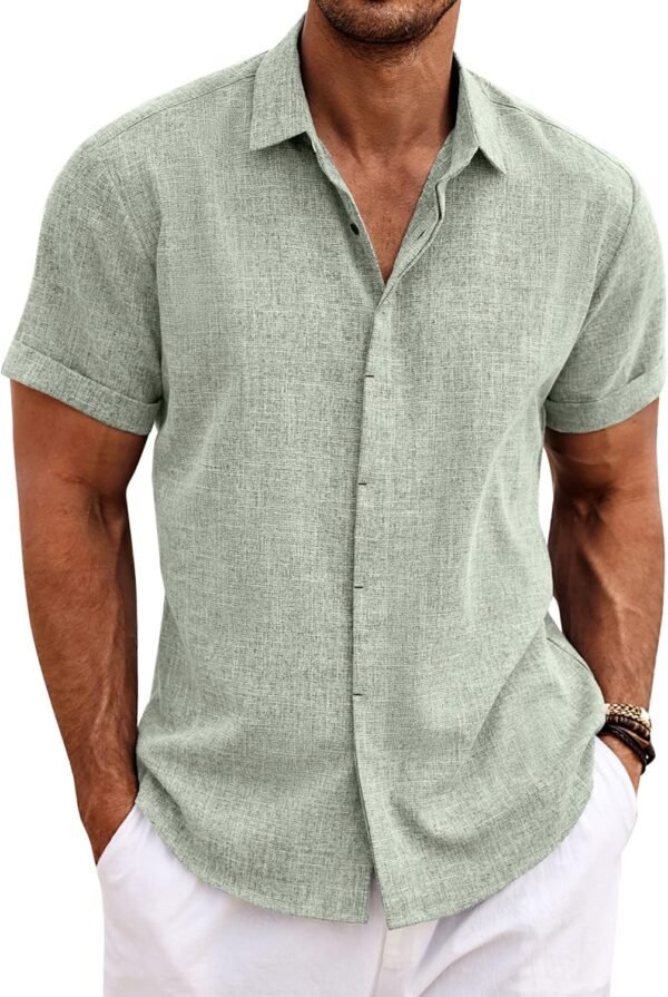 COOFANDY Men's Linen Shirts Short Sleeve Casual Shirts Button Down Shirt for Men Beach Summer Wedding Shirt - Image 1