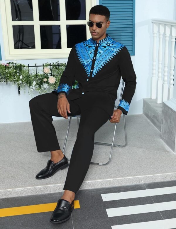 Mens African 2 Piece Set Metallic Traditional Suit Gold Stamp Printed African Dashiki Shirt and Pants Outfit - Image 3