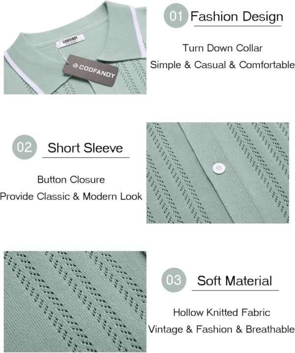 COOFANDY Men's Knit Button Down Shirt Vintage Short Sleeve Polo Shirts Casual Beach Tops - Image 5