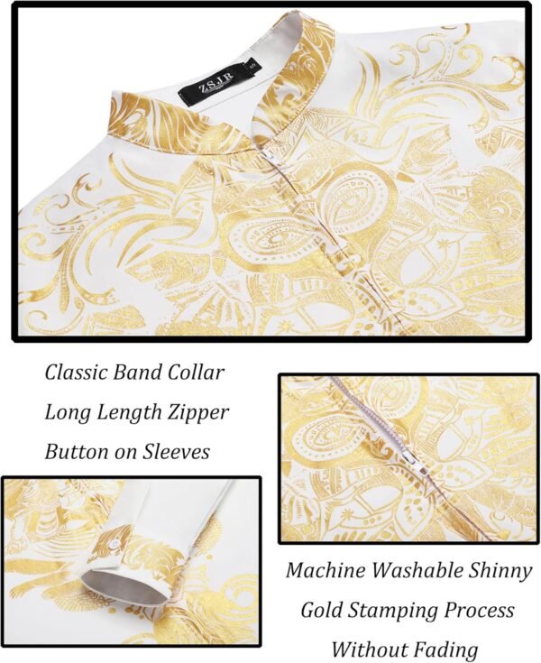 Mens African 2 Piece Set Zipper Nigerian Dashiki Metallic Shirt and Pants Outfit Gold Stamp Printed Long Traditional Suit - Image 7