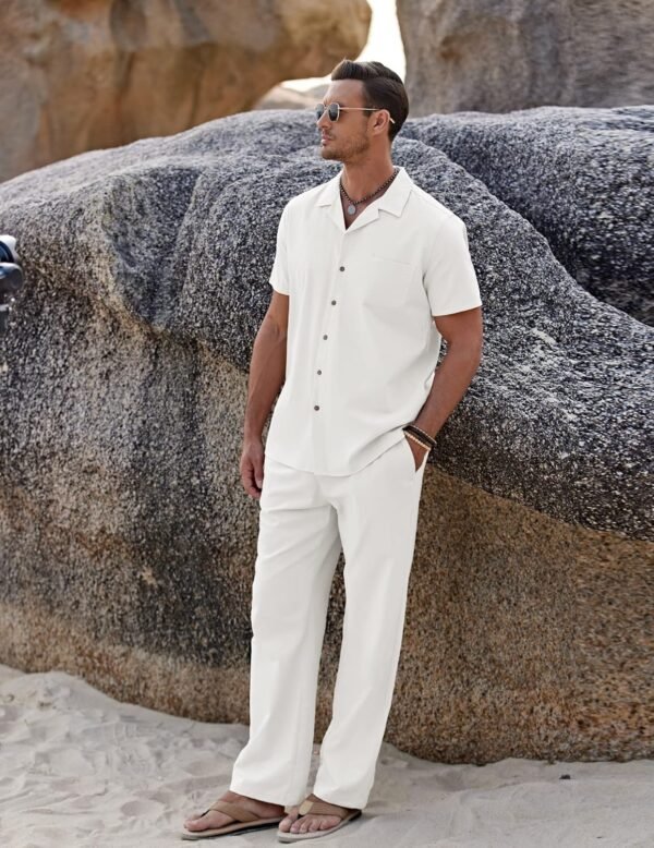 COOFANDY Men 2 Piece Linen Outfit Beach Button Down Shirt Casual Loose Pant Sets - Image 4