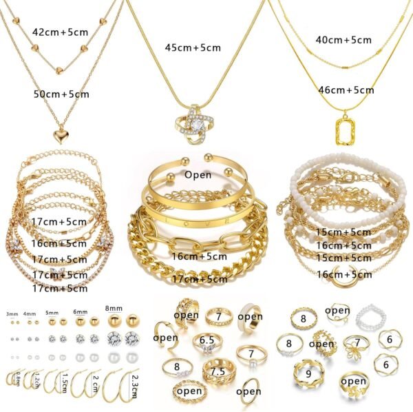 IFKM 36 PC Gold Plated Jewelry Set with 4 Necklace, 11 Bracelet, 7 Ear Cuffs Earring, 14 Knuckle Rings for Women Girls Valentine Anniversary Birthday Friendship Gift - Image 7