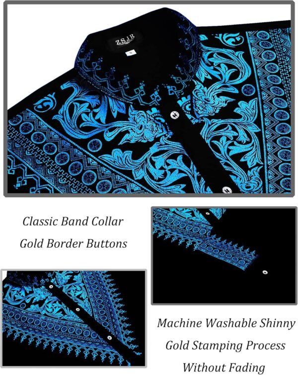 Mens African 2 Piece Set Metallic Traditional Suit Gold Stamp Printed African Dashiki Shirt and Pants Outfit - Image 5