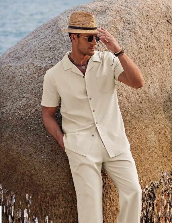 COOFANDY Men 2 Piece Linen Outfit Beach Button Down Shirt Casual Loose Pant Sets - Image 2