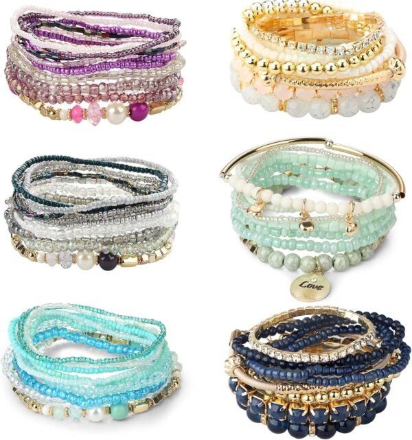 LOYALLOOK 6 Sets Bohemian Stackable Bead Bracelets for Women Stretch Bohemian Style Stretch Multilayered Boho Bracelet Set - Image 1