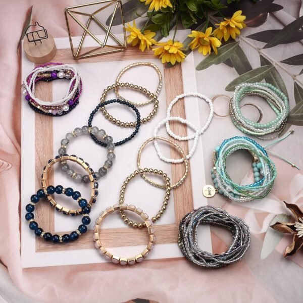 LOYALLOOK 6 Sets Bohemian Stackable Bead Bracelets for Women Stretch Bohemian Style Stretch Multilayered Boho Bracelet Set - Image 7