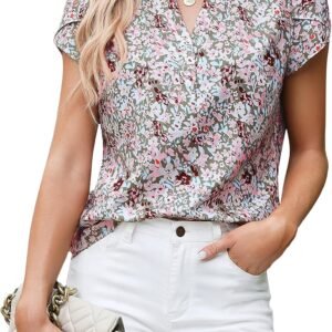 Blooming Jelly Women's Dressy Casual Tops Business Work Blouses White Button Down Shirts Cap Sleeve V Neck Tshirt