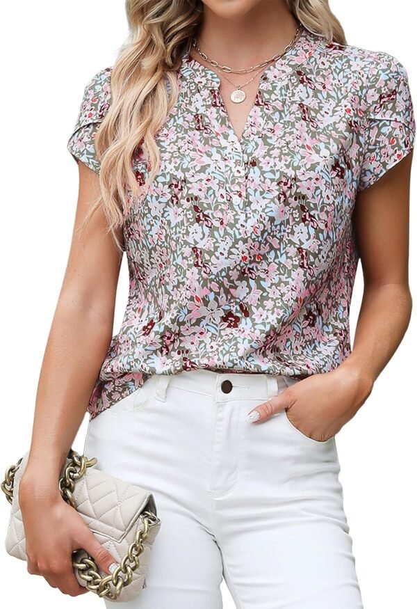 Blooming Jelly Women's Dressy Casual Tops Business Work Blouses White Button Down Shirts Cap Sleeve V Neck Tshirt - Image 1