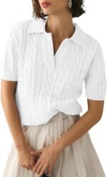 Imily Bela Women's Cable Short Sleeve Sweaters Tops Solid Lapel V Neck Knit Casual Soft Pullover Shirt