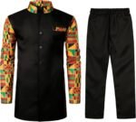 ZEROYAA Men's Kente Print Suit Long Sleeve Button up African Dashiki Shirt and Pants Ethnic 2 Piece Outfit