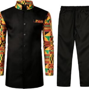ZEROYAA Men's Kente Print Suit Long Sleeve Button up African Dashiki Shirt and Pants Ethnic 2 Piece Outfit