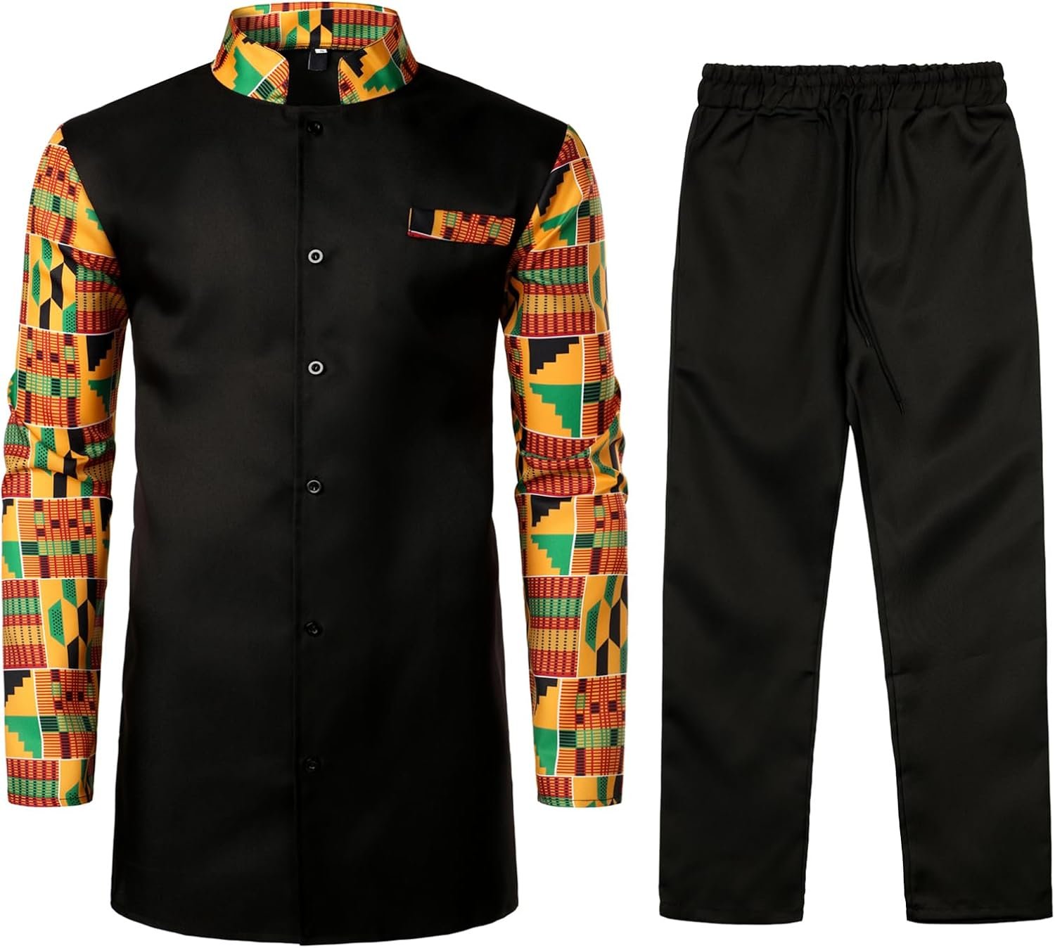 71nr10CdX6L._AC_SL1500_.jpg ZEROYAA Men's Kente Print Suit Long Sleeve Button up African Dashiki Shirt and Pants Ethnic 2 Piece Outfit - Image 1