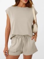 AUTOMET Womens Crew Neck Two Piece short Sets Cap Sleeve Drawstring Summer Sweatsuit with Pocket - Image 2