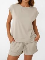 AUTOMET Womens Crew Neck Two Piece short Sets Cap Sleeve Drawstring Summer Sweatsuit with Pocket - Image 5