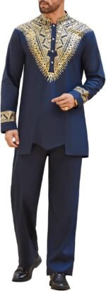 Pacinoble Mens African 2 Piece Set Metallic Traditional Suit Floral Printed Mens African Dashiki Shirt and Pants Outfit