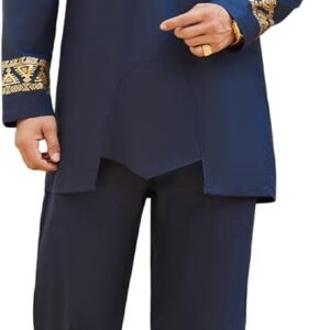 Pacinoble Mens African 2 Piece Set Metallic Traditional Suit Floral Printed Mens African Dashiki Shirt and Pants Outfit