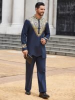 Pacinoble Mens African 2 Piece Set Metallic Traditional Suit Floral Printed Mens African Dashiki Shirt and Pants Outfit - Image 2